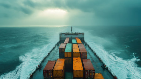 Rear view of a cargo ship with containers, traversing the deep sea towards an industrial estate. Captures the essence of sea freight transportation and the logistics involved.の素材