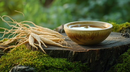 Serene scene with a bowl of ginseng tonic on a wooden platform, surrounded by ginseng roots and dried twigs on a green mossy background. Natural beautyの素材