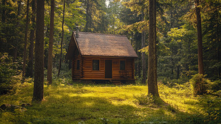 Quaint wooden cottage surrounded by tall trees in a peaceful forest, blending seamlessly with nature, exuding tranquility.の素材