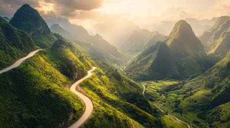 Scenic view of a winding mountain road with breathtaking views of lush green valleys and towering peaks, bathed in golden sunlight.の素材