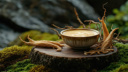 Serene scene with a bowl of ginseng tonic on a wooden platform, surrounded by ginseng roots and dried twigs on a green mossy background. Natural beautyの素材