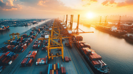 Panoramic view of a sea port with multiple cranes in operation, overseeing container loading and unloading. Shows the scale of international shipping activities.の素材