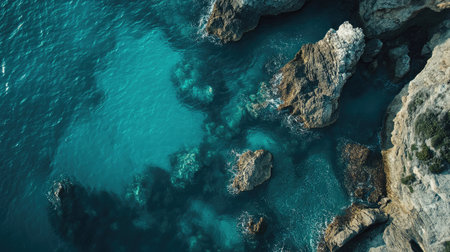 Summer seascape from above, showcasing a dramatic rocky shoreline and clear ocean water, great for travel brochures or beach-themed imagery.の素材