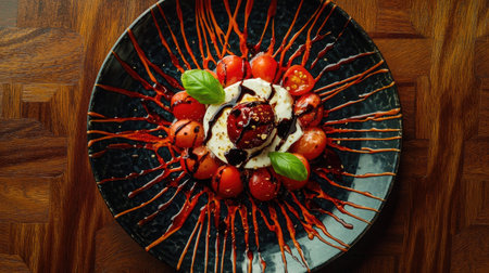 A stunning top-down view of a traditional Caprese salad featuring fresh tomatoes, mozzarella, and basil, artfully drizzled with balsamic sauce.の素材