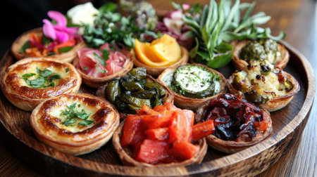 A detailed close-up of a wooden platter beautifully presenting an array of assorted gourmet dishes. Perfect for food lovers and culinary enthusiasts.の素材