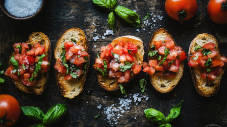 Enjoy a top view of crispy bruschetta slices topped with fresh tomatoes and basil. Perfect for appetizers or a light snack, this dish captures vibrant flavors and textures.の素材