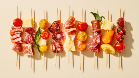 Discover an elegant display of colorful Spanish pinchos carefully arranged on skewers, showcasing a delightful combination of fresh ingredients, perfect for any gathering.の素材