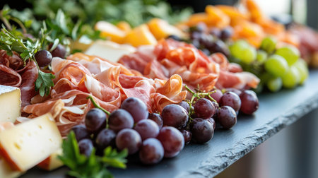 A beautifully arranged gourmet food tray overflowing with fresh ingredients, featuring an array of cheeses, fruits, and cured meats, perfect for any celebration.の素材