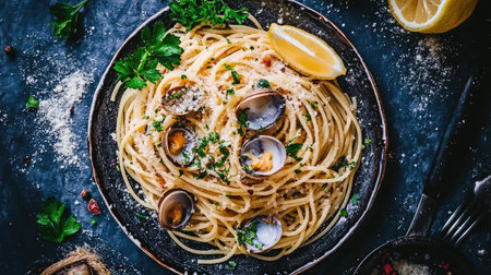 A stunning flat lay of spaghetti alle vongole served with fresh clams, garnished with parsley and lemon, highlighting vibrant colors and textures.の素材