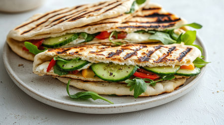 A delicious serving of grilled flatbread filled with fresh vegetables and greens, perfect for a healthy meal or snack. Ideal for summer picnics.の素材