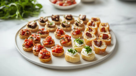 Delight in a simple yet elegant display of cicchetti arranged beautifully on a plate, showcasing gourmet appetizers perfect for any gathering or event.の素材