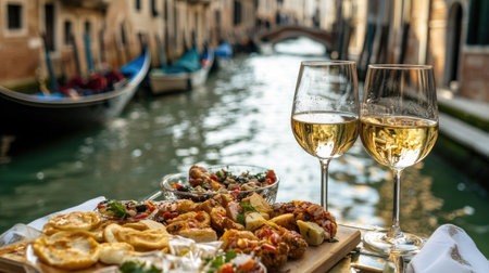 Enjoy a picturesque moment by the canal in Venice, featuring a delicious snack spread and refreshing wine, perfect for a leisurely day of exploration.の素材