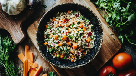 A vibrant overhead shot of a bowl filled with fresh, colorful vegetables, showcasing healthy ingredients perfect for any meal or salad preparation.の素材