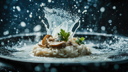 A visually striking image of creamy mushroom risotto splashing with water droplets. The dish is beautifully garnished, capturing the essence of gourmet cuisine. Perfect for culinary inspiration.の素材
