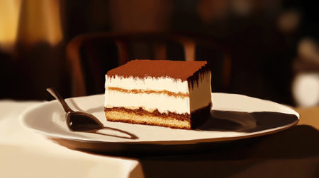 Discover an artistic view of a delicious tiramisu dessert, featuring creamy layers and a dusting of cocoa, presented elegantly on a plate. Perfect for food lovers.の素材