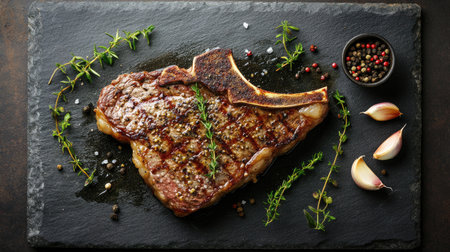 This overhead shot showcases a beautifully seasoned bone steak, grilled to perfection, garnished with fresh herbs and spices on a slate board.の素材