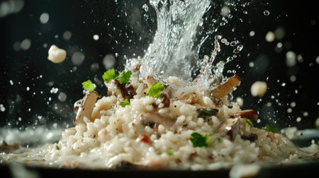 A dramatic splash of fresh mushroom risotto captures the essence of culinary art. The vibrant textures and rich ingredients create an enticing visual for food lovers.の素材