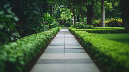 A well-maintained pedestrian pathway flanked by lush greenery invites leisurely strolls in a serene garden environment, showcasing a vibrant and calming landscape.の素材