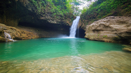 Discover the serene beauty of Tibumana Waterfall, a hidden tropical paradise. Enjoy the tranquil waters and lush surroundings, perfect for nature lovers and adventurers.の素材