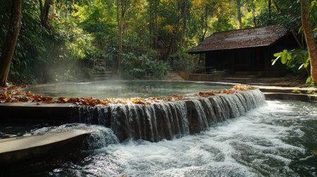 Discover a tranquil waterfall scene at Huai Mae Khamin, surrounded by lush greenery and a serene environment, perfect for relaxation and outdoor adventures.の素材