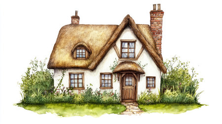 A picturesque British cottage with green lawn, hand-drawn in watercolor, isolated on white.の素材
