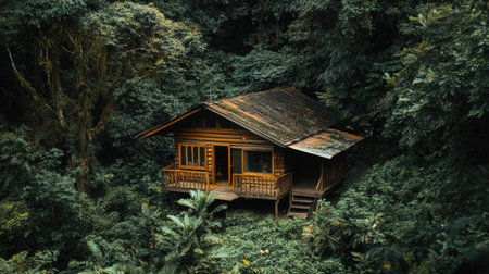 A rustic wooden cottage set amidst dense forest greenery, providing a peaceful haven away from the chaos of everyday life.の素材