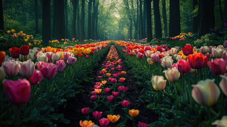 A picturesque view of a vibrant tulip lane in Keukenhof Gardens, showcasing a stunning array of colorful flowers surrounded by tranquil greenery.の素材