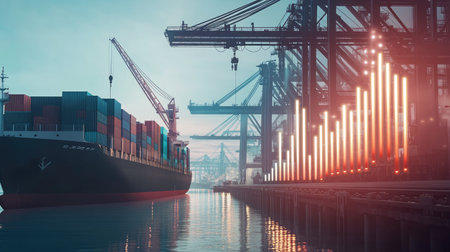 Cargo ship being unloaded by a crane at the dock, with an overlaid bar chart showing upward growth. Concept for increasing efficiency in export and freight transport.の素材