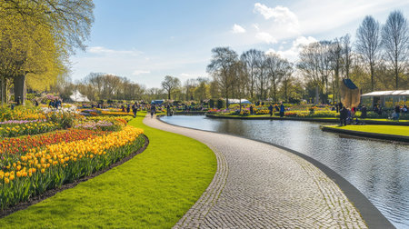 A winding stone path leads through a scenic garden filled with vibrant flowers and clear water, offering a tranquil escape for visitors to enjoy nature's beauty.の素材