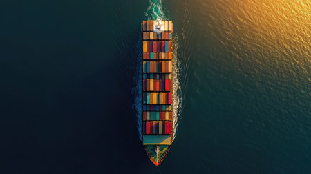 Bird-eye view of an expansive container cargo ship fully loaded with freight, traversing the open sea. Emphasizes the scope of sea freight and logistical operations.の素材