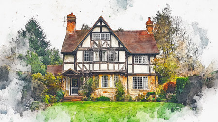 Classic English house with a garden, depicted in watercolor on white, green lawn in the foreground.の素材