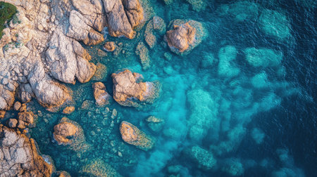 Aerial view of a rugged rocky shore and clear blue sea water, capturing the essence of a summer vacation and coastal travel destination.の素材