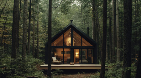 A modern cabin surrounded by towering trees, offering a peaceful and cozy escape into nature's tranquility.の素材