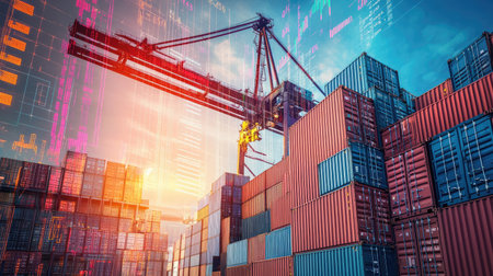 Crane lifting cargo containers from a ship at the port, with a background of an increasing graph. Illustrates export and freight transport dynamics.の素材