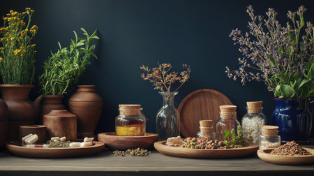 A display of folk herbs on wooden plates, complemented by traditional medicinal pots and cups. Dark navy blue backgroundの素材
