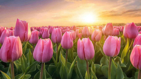 Experience the beauty of a stunning sunrise illuminating a vibrant field of pink tulips. This serene landscape captures the essence of spring in full bloom.の素材