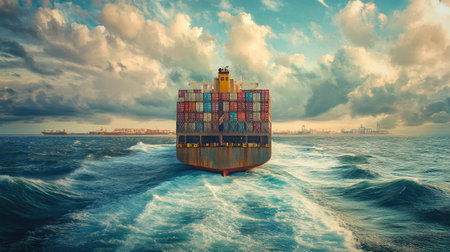 Cargo ship from behind, navigating the deep sea with a full load of containers. Focuses on the logistics and sea freight aspects of business transportation at an industrial port.の素材