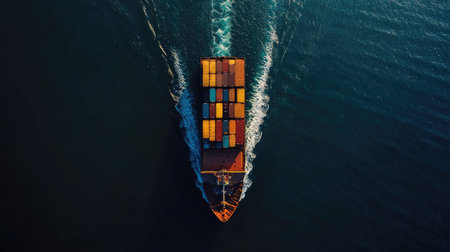 Aerial view of a large cargo container ship loaded with containers, traveling across the open ocean. Highlights sea freight logistics and industrial transportation. -の素材