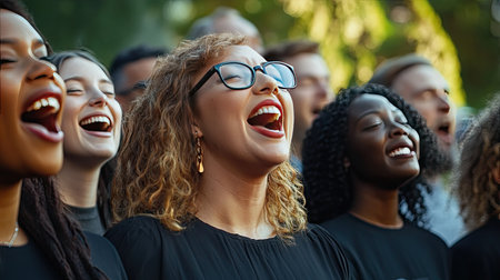 Detailed shot of a group of people singing in harmony at a community event, capturing the enthusiasm and connection between the performers.の素材