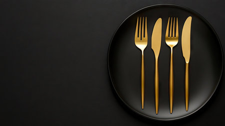 Beautifully arranged gold knives and forks next to an empty black plate on a black background. The luxurious contrast highlights a modern dining experience.の素材