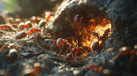 Close-up of an ant nest with several ants emerging, focusing on the entrance and the busy activity of the ants as they move in and out.の素材