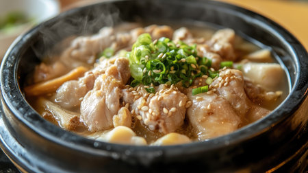 Close-up shot of Korean Samgyetang, showcasing tender chicken and ginseng roots in a steaming, flavorful broth. A famous dish for health and energy in Korean cuisine.の素材