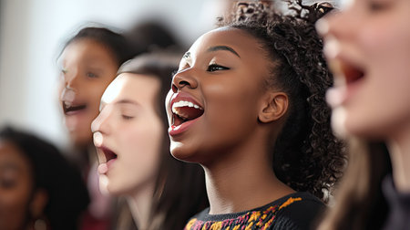 Detailed shot of a group of people singing in harmony at a community event, capturing the enthusiasm and connection between the performers.の素材