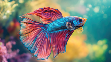 Close-up of a Betta fish with a mesmerizing array of colors and delicate fins, swimming elegantly through a well-decorated aquarium environment.の素材