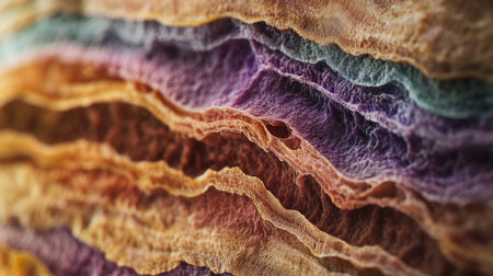 Close-up of human skin layers with emphasis on texture and anatomical details, highlighting the outer epidermis and underlying dermis.の素材