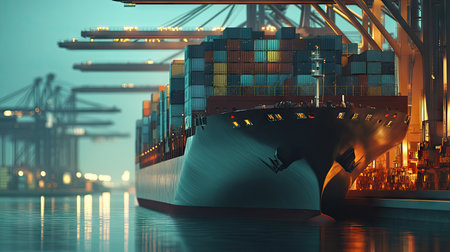 Close-up of a large cargo ship docked at the port, with containers stacked high and detailed focus on its industrial design and equipment.の素材