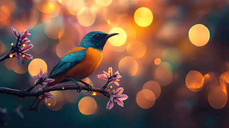 Close-up of a vibrant bird perched on a branch, with a stunning, blurred background of colorful lights and bokeh effects creating a magical atmosphere.の素材