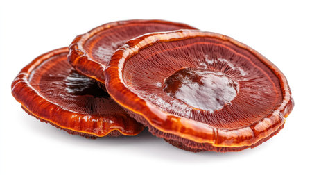 Close-up of a Red Reishi Mushroom (Lingzhi) isolated on a white background, highlighting its rich red-brown color and distinctive glossy texture for herbal supplement visuals.の素材