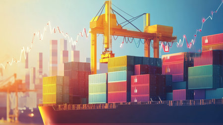 Crane lifting cargo containers from a ship at the port, with a background of an increasing graph. Illustrates export and freight transport dynamics.の素材