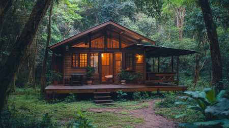 Cozy wooden cottage surrounded by lush forest, blending harmoniously with nature in a peaceful, secluded setting.の素材